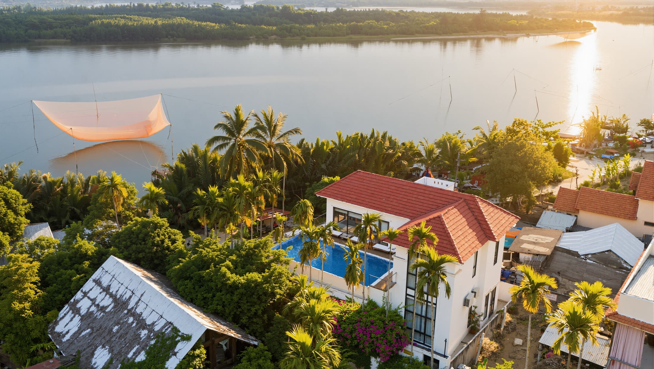 Aerial view of Vó Villa with its pool and palm garden beside the Cẩm Thanh river at sunset